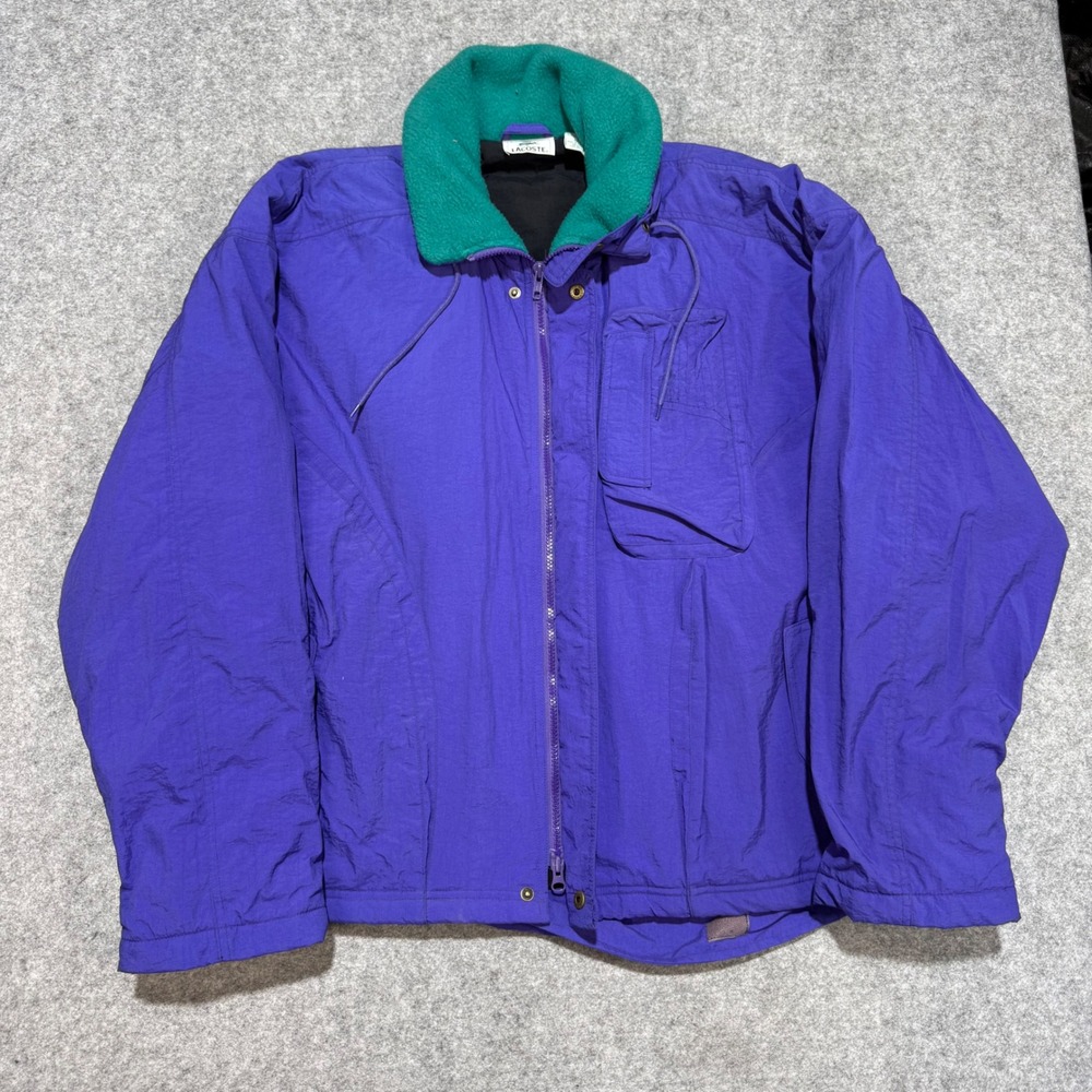 Vintage Lacoste Purple Nylon Full Zip Jacket Teal Fleece Collar Mens Large